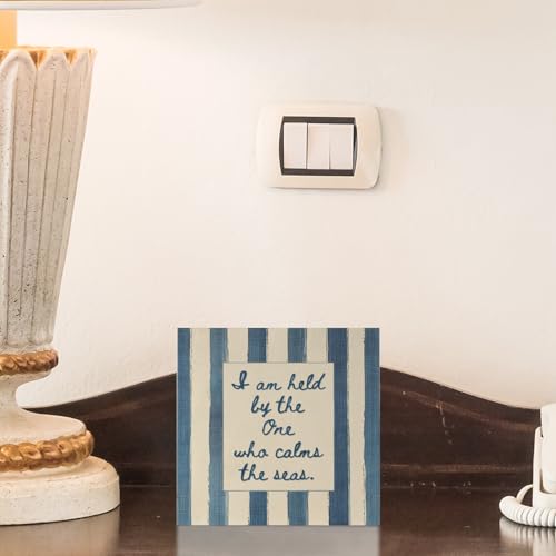 Inspirational Christian Coastal Decor, I Am Held By The One Who Calms The Seas Blue Beige Stripe Christian Ocean Beach Bible Verse Wood Signs for Home Room Apartment Desk Table Shelf,5x5 Inch - color: I Am Held By The One Who Calms The Seas