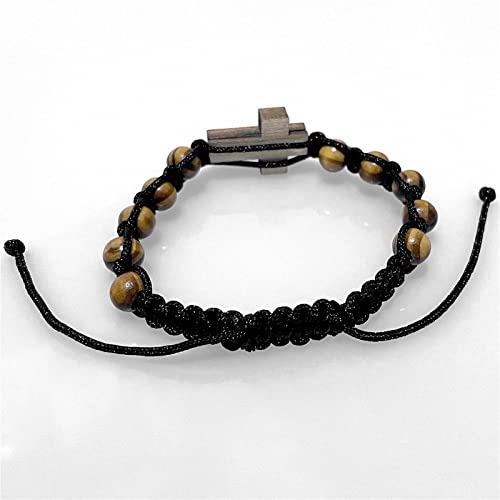 8MM Wood Rosary Bracelet, Adjustable Black Cord Catholic Cross