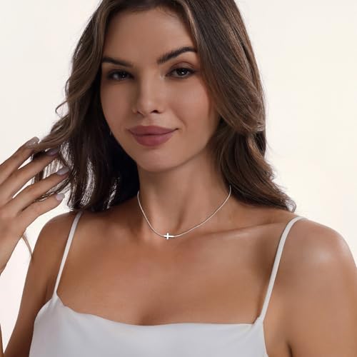 Airmb Cross Necklace for Women Choker 14K Gold/925 Silver Plated Dainty Choker Small Cross Pendant Trendy Cute Cross Charm Delicate Necklace Hypoallergenic Faith Jewelry Religious Gifts for Women - color: Sideways Cross-Silver Plated