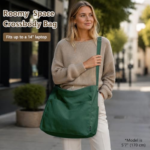 KALIDI Canvas Tote Bag Zipper Large Crossbody Shoulder Bag Messenger Bag - color: Alpine Green