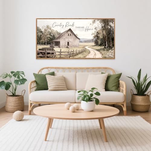 Aurlan Farmhouse Country Old Barn Framed Canvas Wall Art 40x20 Inch - color: Country Roads Take Me Home, size: 40"L x 20"W