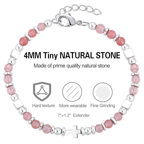 Beaded Bracelets for Women, Inspirational Natural Gemstone Bracelets Graduation Mothers Day Christmas Birthday Gifts for Mom, Daughter, Granddaughter, Wife, Sister, Best Friend - color: Pink, style: Cross