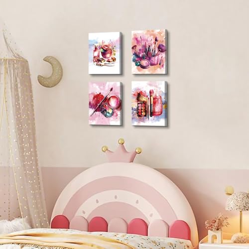 Pink Girl Bedroom Wall Decor Watercolor Wall Art Canvas Set of 4 - color: Framed 8"x10" Pink Makeup Wall Art Set of 4
