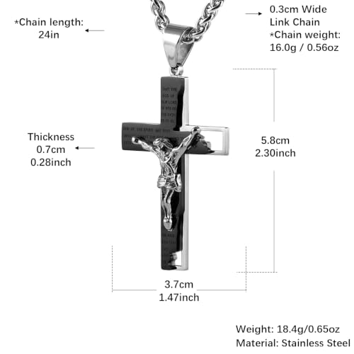 HZMAN Men's Stainless Steel Cross Crucifix Bible Prayer Pendant Necklace - color: Black