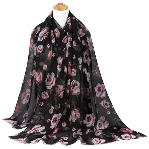 GERINLY Lightweight Scarves Fashion Print Cotton Feel Scarf for Women Shawl - color: Black