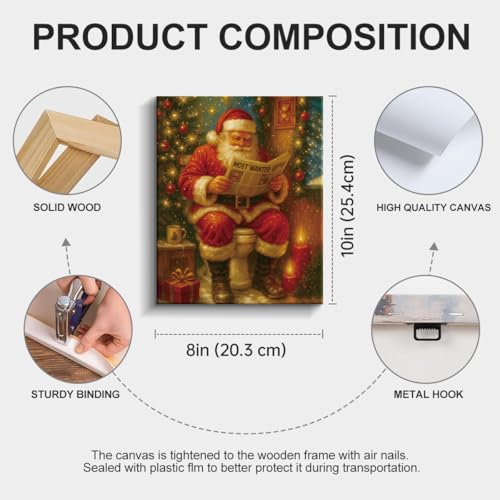 Funny Christmas Decorations - Santa Claus Bathroom Wall Art Picture Painting Artwork - Red Indoor Holiday Christmas Decor for Wall Table Mantel Home Farmhouse 8"x10" Framed - color: color-m