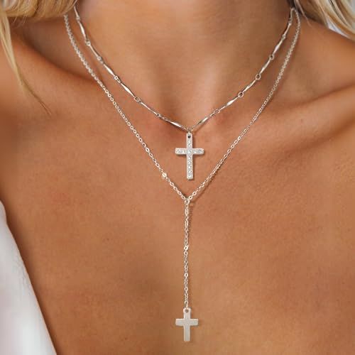 Sterling Silver 14K Gold Plated Dainty Layered Long Necklace for Women - color: Silver-Cross
