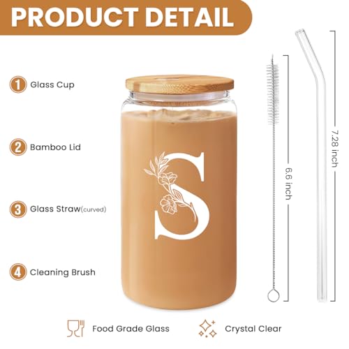 Monogrammed Gifts for Women - Monogram S Initial Glass Cup 16 Oz Can Coffee Cups with Lid and Straw - Monogram Initials Gifts for Womens on Birthday - color: Initial S