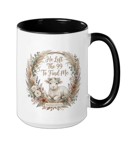 He Left the 99 to Find Me Christian Lamb Bible Verse Matthew Ceramic Mug, Black/White, 15oz - color: Black/White, size: 15 Ounces