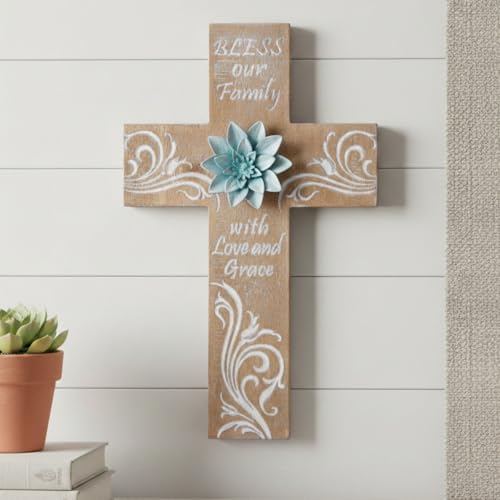 TRENDIN Rustic Cross Decor for Wall, Bless Our Family Christian Home Decor - color: Blue