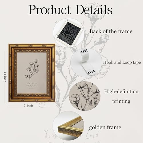 Vintage Gold Framed Wall Art Christian Bible Verse Wall Art Neutral Floral Scripture Wall Decor Picture Rustic Watercolor Floral Religious Poster Print for Living Room Bedroom 9x11in - color: Floral Scripture, size: 11"l X 9"w