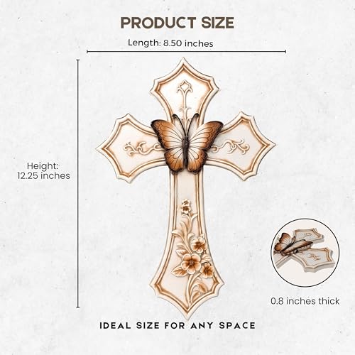 Elegant White Cross with Butterfly and Floral Design - Resin Wall Art Panel