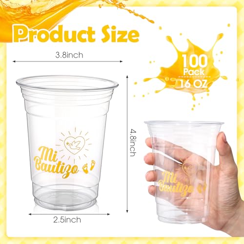 100 Pcs Spanish Baptism Plastic Cups 16 oz Gold Dove Mi Bautizo Cups for Spanish Baptism Decorations, Easter First Communion & Hispanic Baby Shower Party Supplies - color: Yellow, size: Mi Bautiz