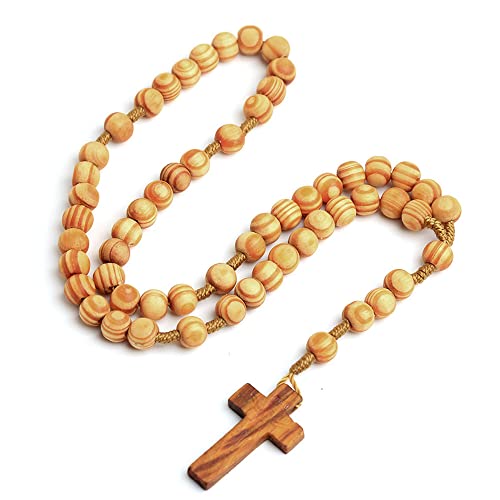 COLORFUL BLING Natural Wooden Catholic Rosaries Wood Crucifix Prayer Beads Pendant Necklace Prayer Jesus Religious Cross Rosary Necklace Handmade Jewelry - color: light textured