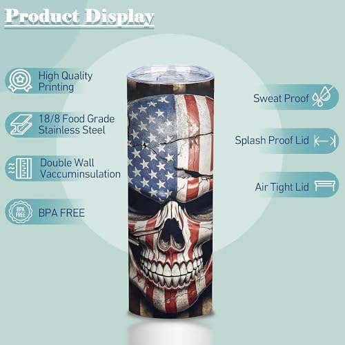 ATHAND 20oz 1776 American Flag Skull Stainless Steel Tumbler with Lid,1 Pcs - color: American Flag Skull