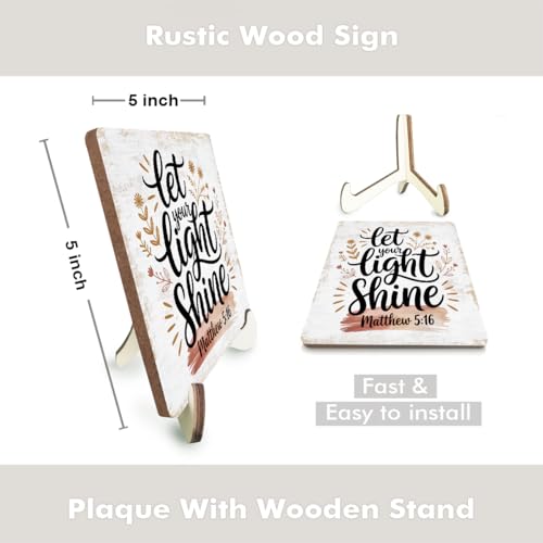 Christian Gifts Desk Decor Rustic Wood Sign, Boho Faith Religious Gift Bible Verse Quotes Decorative Desk Accessories for Home Bedroom Decor Office Accessories Bohemian Floral Table Shelf Wooden Sign - color: YourLightShine