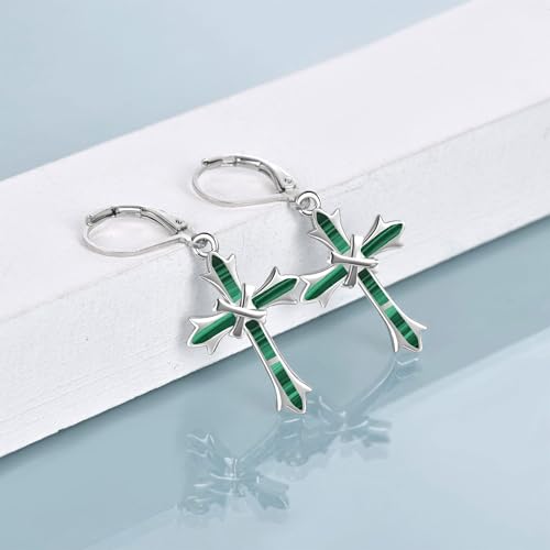 ONEFINITY Opal Cross Abalone Shell Earrings Sterling Silver Cross Dangle Drop Earring Cross Leverback Earrings for Women - style: malachite cross