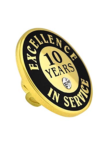 PinMart Gold Color Plated Excellence in Service Year Award Lapel Pin – Metal Enamel Workplace Reward Pin w/Rhinestone – 1-60 Years Pins for Long Standing Employees - color: 10 Years Gold Plated, size: 10 Pack