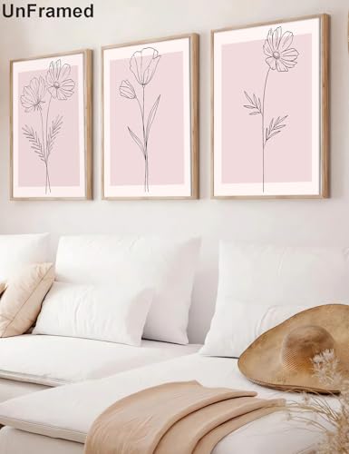 Aglcatie Pink Flower Wall Art Set of 3 - Aesthetic Blush Pink Floral Minimalist Line Art Canvas Prints, Modern Botanical Decor for Girls Bedroom, College Dorm, Trendy Home Office, 12x16 Inch Unframed - color: Pink-Poster, size: 16"L x 12"W