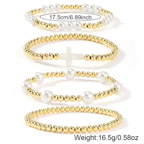 Gold Beaded Bracelets Stack for Women Stackable 14K Gold Plated Beads Ball Cross Bracelet Boho Christian Jewelry Faith Friendship Birthday Gifts for Women - color: White Cross