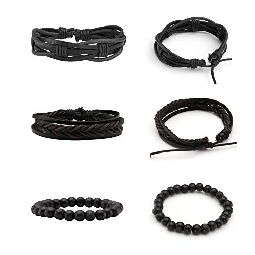 MILAKOO 6 Pcs Punk Braided Leather Bracelets for Men Women Cuff Wrap Wristbands Adjustable - color: Black