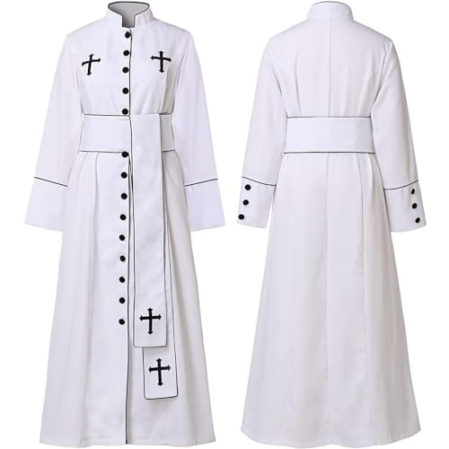 Mens Priest Costume Pastor Robe Roman Cassock Praise Worship Robes White/Black Clergy Robe Stole with Cross - color: White-2pcs, size: X-Small