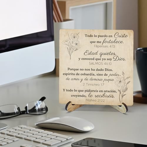 Vintage Floral Christian Wooden Sign Desk Decor, Spanish Bible Verse Religious Wood Plaque Sign With Stand for Church Prayer Room Home Office Desk Table Shelf Decoration, 5x5 Inch - color: Vintage Floral