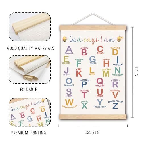DNEULYR God Says I am Alphabet Christian Wall Art Poster for Kids, Bible Verse Affirmations Poster Hanger Frame for Nursery Toddler Kids Room Playroom Classroom Sunday School, 12x16 Inches - color: color24