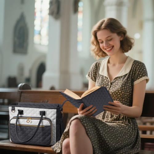 Large Bible Bag with Bible Cover Case for Women,Color-Blocking Quilted Church Tote Bag with Shoulder Strap, Christian Gifts for Women(Gray) - color: Beige/Gray