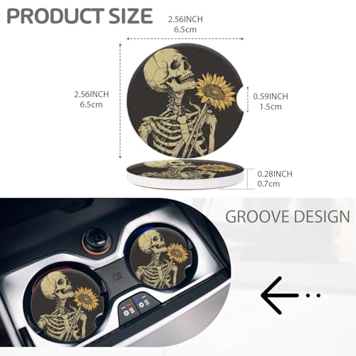 Cup Holder for Car,Skull Embracing A Sunflower Design Ceramic Coasters Non-Slip Cup Holder Insert with Fingertip Grip, Auto Interior Accessories for Women & Men,Pack of 2, 2.56In - color: Skeleton Embracing a Sunflower