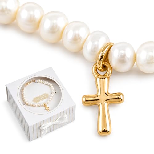 Mud Pie Pearl Cross Bracelet for Girls, Baby Baptism Bracelet With Gift Box