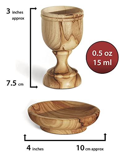 The Jerusalem Gift Shop Since 2004 Olive Wood Communion Cups and Bread Plate Set, 4 Hand-Carved Kiddush Goblets with Tray - color: Brown