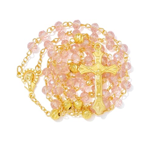 KOMI Crystal Rosary Beads with Jesus Crucifix, Catholic Necklace for Women First Communion Rosarios Wedding Rosary with Velvet Bag - style: 6MM-Pink-2