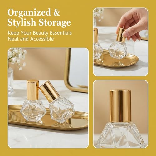 2PCS Anointing Oil Bottles Mini Clear Glass Roller Bottle 8ml/0.27oz with Stainless Steel Ball and Gold Cap Empty Small Roll On Container for Essential Oils Perfume Fragrance Kit