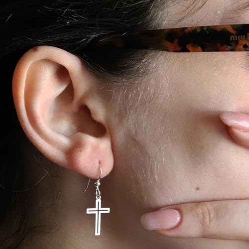 Cross Earrings for Women in Sterling Silver Christian Drop Earrings with Hook Backs Lightweight Open Cross Design Satin Matte Finish