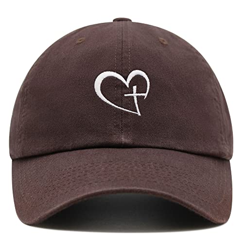 JPAK Heart and Cross Premium Dad Hat Embroidered Cotton Baseball Cap Christian Faith - color: Brown