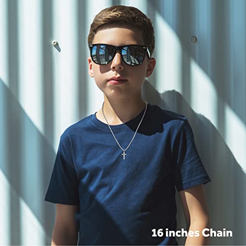 REVEMCN Christian Black Gold Silver Cross Necklace for Boys & Men, 16-22" - color: Silver - 0.8'' × 0.5'' beveled cross pendant, size: 16 inches