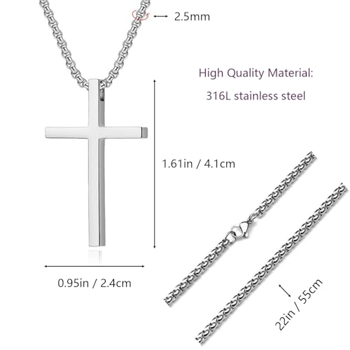 Tuefuzy Cross Necklace for Men, Silver Cross Stainless Steel Pendant Necklace, Mens Cross Chain - size: 22in