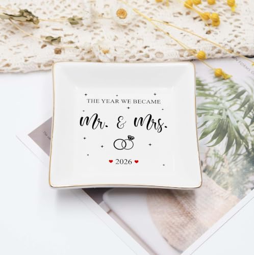 Wedding Gifts for Couples 2026, Mr and Mrs 4" Ceramic Jewelry Tray, Gift for Bride Newlywed - Engagement, Just Married Ring Dish Gift for Her, Bachelorette & Bridal Shower Gifts for Bride - color: Mr & Mrs 2026