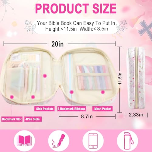 Zkptops Bible Cover Case for Women Large Bible Bag Cotton Quilted Bible Carrying Case with Zipper Pocket and Handle Carrying Book Cover for Christian Study Supplies Christian Gift(Bow Flower) - color: Fr Pink Purple Bow Flower