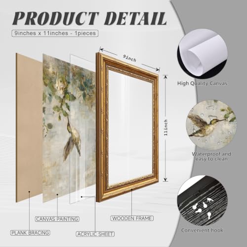 Vintage Hummingbird Wall Art Bird Floral Prints Retro Cottagecore Canvas Wall Decor Botanical Bird Picture Rustic Farmhouse Oil Painting Hummingbird Artwork for Living Room Bedroom 9x11 Inch Gold Framed - color: Bird Flower Prints, size: 9x11 Inch Gold Fr