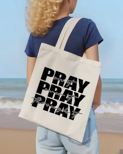 Women's Pray On It Pray Over It Pray Through It Canvas Tote Bag Religious Prayer Christian Gift Reusable Grocery Bag - color: White