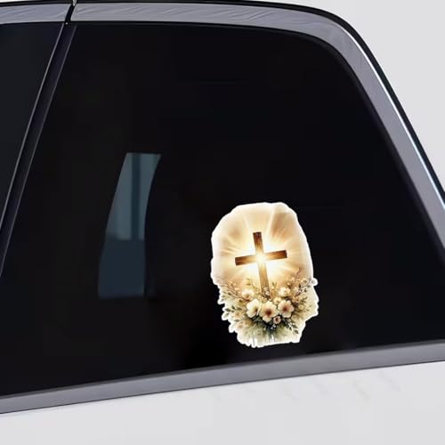 2 Pcs Christian Cross Floral Car Decal Sticker, Glowing Cross with Flowers, Bumper Window Sticker, 5 in Vinyl Decal, Waterproof,Die-Cut for Cars,Windows,Laptops SZJ-02D
