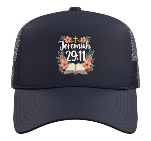 Jeremiah 29:11 Bible Verse Flowers Christian Faith Women Trucker Hat with Adjustable Mesh Back - color: Navy Blue