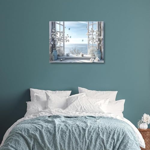 DAXINGJ Blue Coastal Butterfly Window Wall Art, Farmhouse Beach Framed - color: blue window, size: 16"L x 12"W