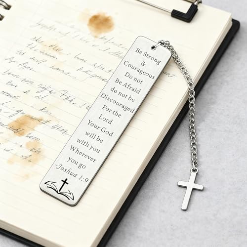 Christian Bible Bookmark with Cross Charm - Joshua 1:9 "Be Strong & Courageous Bible Verse Gifts for Women Men - Stainless Steel Religious Gift with Box for Baptism, First Communion, Graduation - style: BM029 Bible Joshua 1:9