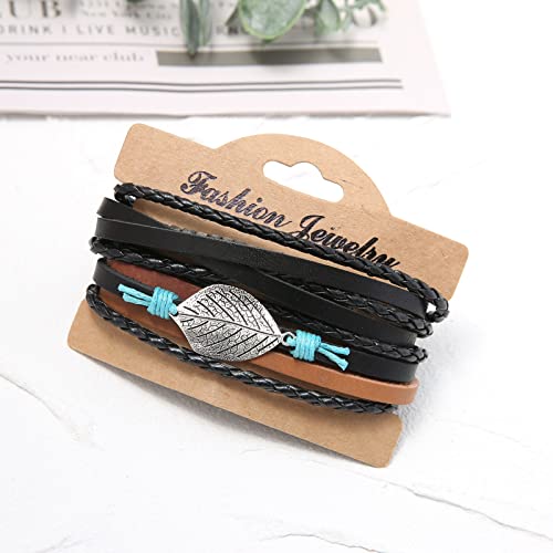 HZMAN Handmade Hemp Cords Wood Beads Leather Bracelets for Men Women - style: Leaves