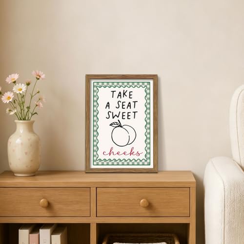 Funny Bathroom Wall Art Framed Canvas Print, Take A Seat Sweet Cheeks Peach Poster Painting Picture, Cute Farmhouse Bathroom Decor, Humorous Restroom Wall Decor for Guest Bathroom Home 12x16 Inch - color: A-Peach, size: 16"L x 12"W