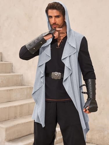 Runcati Mens Hooded Cardigan Sleeveless Ruffle Shawl Collar Drape Robe - color: Grey, size: Large