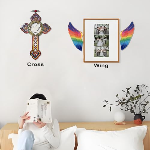 Two Layered Wooden Cross Wall Decor, 14" Hollow Laser-Cut Carved Crucifix Wings Dove Wall Art Spiritual Religious Gifts for Home Living Room Prayer Corner Church Christian Mothers Day - color: Wings-2 Layer
